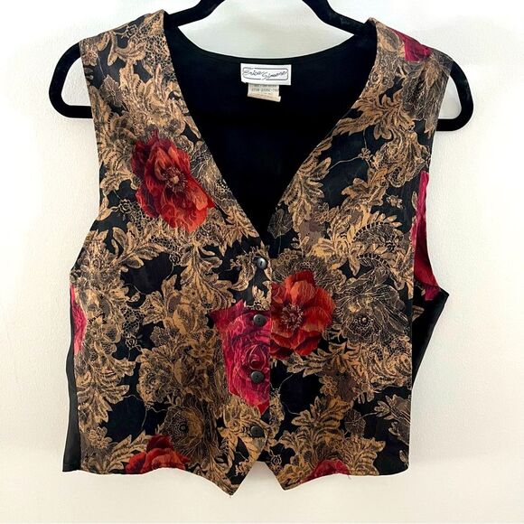 Erica Simone Vintage Floral Tapestry Vest Size Large Gold - Picture 1 of 7